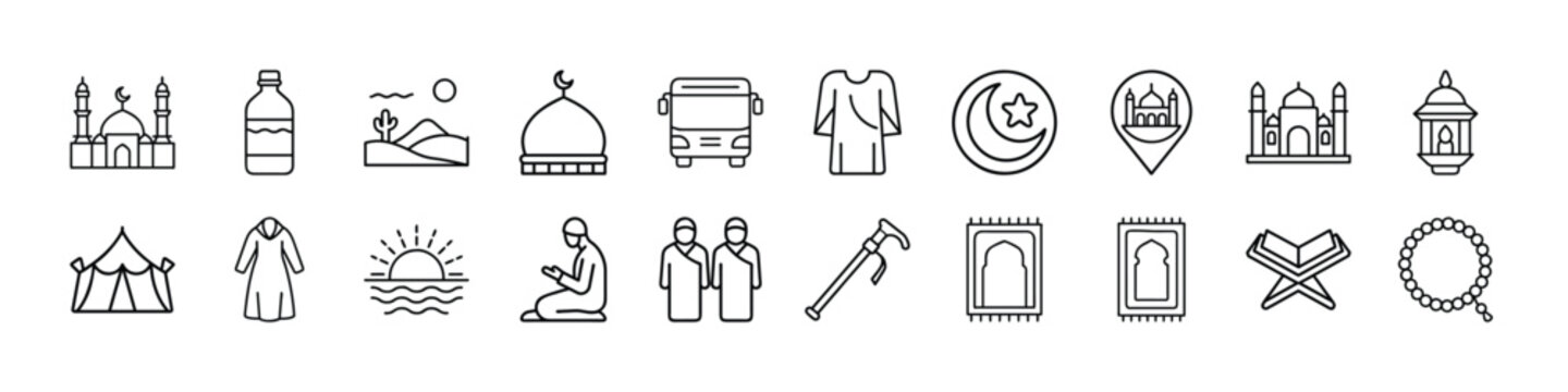 Islamic vector outline icon set perfect for ramadan kareem eid mubarak and muslim religious themes