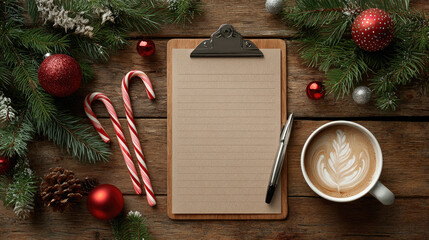 Christmas-themed flat lay on a wooden office desk, showcasing a clipboard with blank paper, coffee, candy canes, red ornaments, pine cones, and fir branches for festive planning