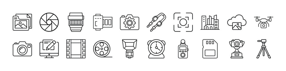Obraz premium Photography equipment and accessories line icons set for professional photographers and hobbyists