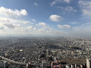 Expansive aerial view of the dense urban sprawl of Osaka, Japan, showcasing a vast cityscape of commercial and residential buildings, a complex highway network, and distant mountains under a blue sky 