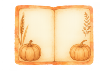 Open book with watercolor pumpkins, wheat, and fall leaves for autumn harvest and thanksgiving celebration messages