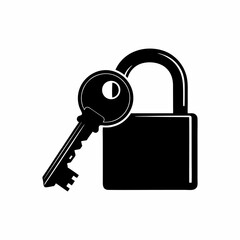 silhouette vector illustration of a key and padlock with a white background