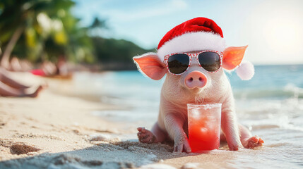 Funny piglet wearing a Santa Claus hat and sunglasses enjoying a refreshing cocktail on a beautiful tropical beach during christmas holidays, creating a humorous and festive scene