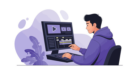 Young Man Working On Video Editing Software With Modern Computer Technology