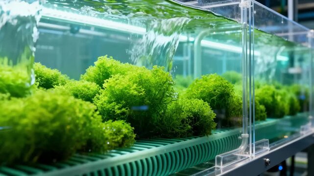 Closeup medium shot inside a photobioreactor with vibrant green algae actively absorbing excess nutrients highlighting advanced sustainable water purification technology.