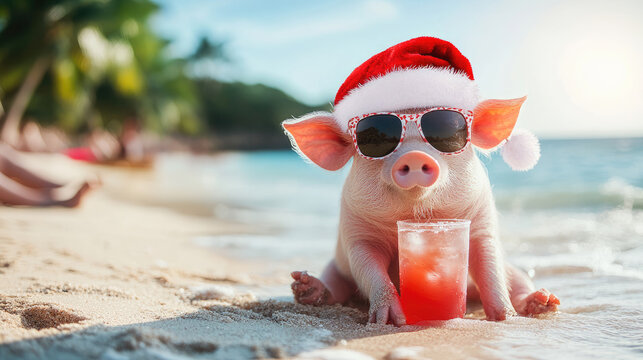 Funny piglet wearing a Santa Claus hat and sunglasses enjoying a refreshing cocktail on a beautiful tropical beach during christmas holidays, creating a humorous and festive scene - Powered by Adobe