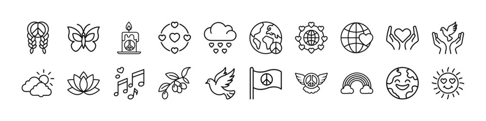 Peace symbols vector art: dove, earth, hearts, rainbow, candle, music notes, and peace flag doodles