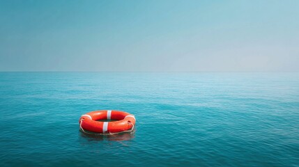 Orange life buoy floating in the middle of the ocean on a clear day