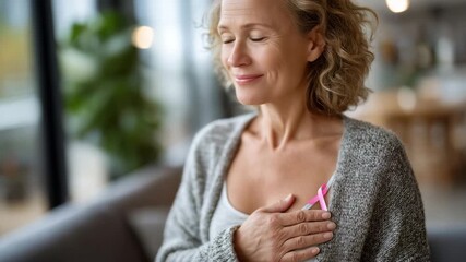 178Side view of woman pressing her chest in a calm, reflective pose, pink ribbon emblem faintly visible in corner, promoting prevention and awareness