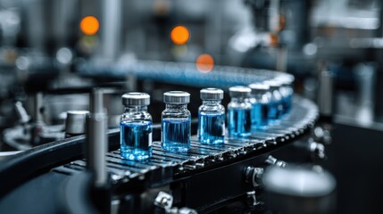 Pharmaceutical manufacturing line conveys vials filled with blue liquid medicine