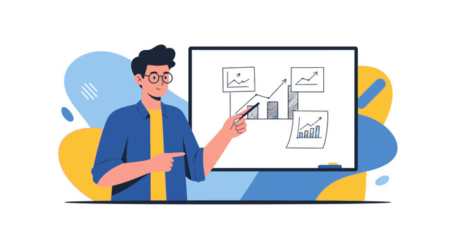 Illustration Of A Man Presenting Business Plan And Financial Growth On Whiteboard - Powered by Adobe