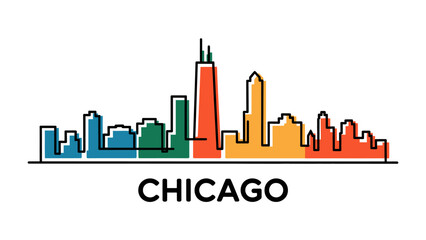Naklejka premium Chicago City Skyline Silhouette: a colorful architectural panorama that depicts famous landmarks and the word Chicago in a modern artistic style.