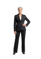Mature caucasian woman, late 50s, short sleek silver hair, in dark charcoal business suit, hand on hip, confident gaze, against transparent studio background. Professional leadership concept