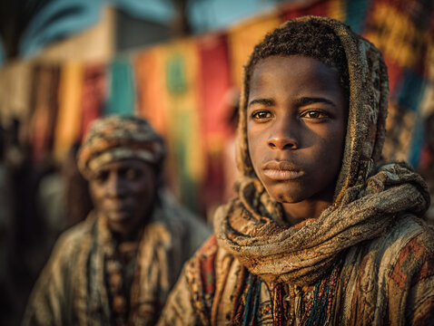 Young Mandinka boys taking part in initiation rituals during the Kankurang Festival. Elders dressed in traditional clothing guide them through symbolic dances and teachings. 