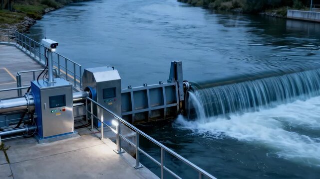 Automated floodgate system controlling water flow in a river setting showcasing advanced technology managing natural water levels with precise adjustments.