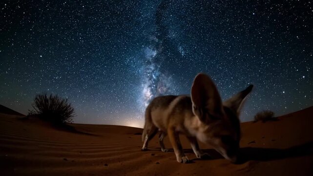 Fennec Fox Walking Under Milky Way in Desert at Night