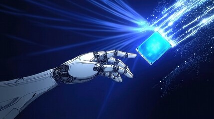 Robot hand reaching for glowing data cube
