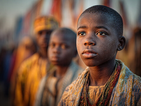 Young Mandinka boys taking part in initiation rituals during the Kankurang Festival. Elders dressed in traditional clothing guide them through symbolic dances and teachings. 