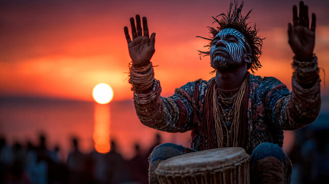 Symbolic moment of the Kankurang spirit blessing the community. The masked dancer raises his hands toward the sky as drummers intensify their beat, villagers kneeling in respect. 
