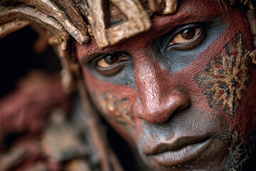 Portrait of a Kankurang spirit dancer wearing a red bark mask and costume during the Mandinka cultural festival. 