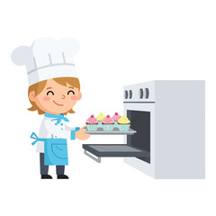 Cartoon baker taking cupcakes out of the oven vector illustration for culinary arts and baking concepts isolated on white background
