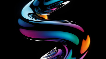 An abstract iridescent swirl gracefully twists, showcasing a captivating blend of vibrant colors and fluid motion on a black background