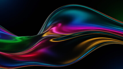 A mesmerizing iridescent wave gracefully flows, showcasing a captivating blend of vibrant colors and fluid motion on a black background