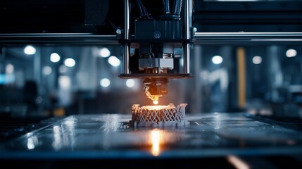 3D printer creating a complex mechanical object, high-tech manufacturing, futuristic factory lighting.