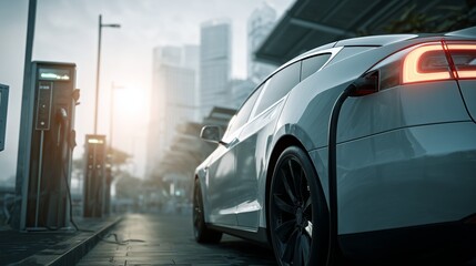 Carga de coches el&eacute;ctricos en una estaci&oacute;n moderna, tecnolog&iacute;a ecol&oacute;gica, fondo urbano