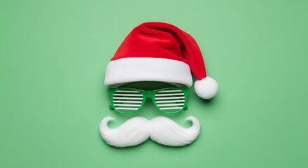 Funny Santa Claus Face with Whimsical Green Shutter Shades and White Mustache on Pastel Green Background Festive Christmas Holiday Concept
