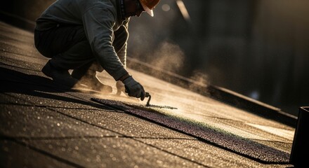 Asphalt Roofing Work &ndash; Construction Detail Cinematic Shot