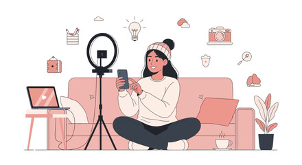 Woman Enjoying Content Creation Using Her Phone, Ring Light, and Modern Technology