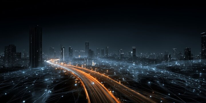 Una ciudad inteligente de noche con calles iluminadas y flujos de datos de infraestructura de internet, que demuestran la conectividad digital.
