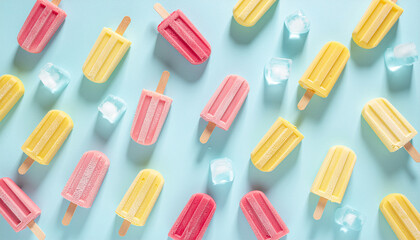 Popsicle Ice Cream Pattern on Pastel Blue Background, Trendy sunlight Summer pattern with popsicle ice cream on light blue background, minimal concept