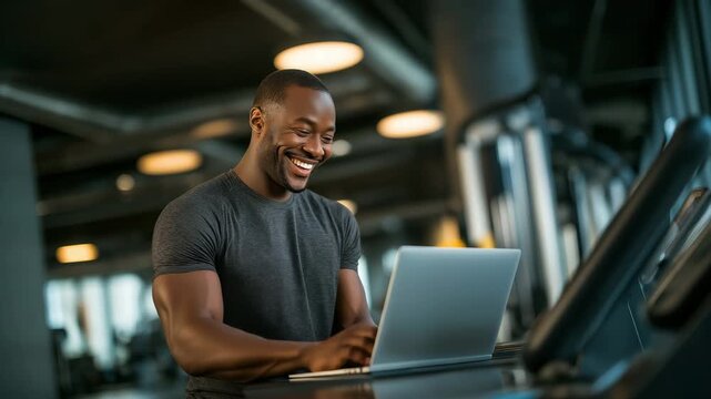 A young, attractive man working as a fitness teacher in a gym is using a laptop.