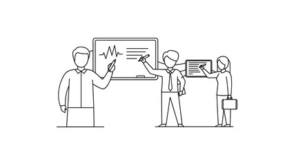 Business team discussing data on whiteboard