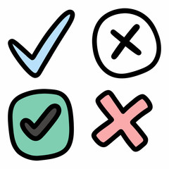Blue Check Mark, White X Mark, Green Check Mark, and Pink X Mark Icons