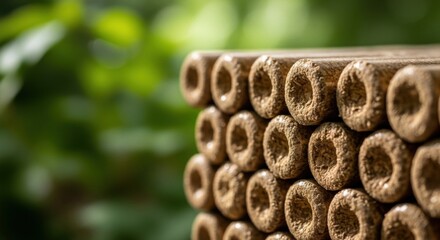 Biomass Wood Pellets with Green Background &ndash; Renewable Energy Concept