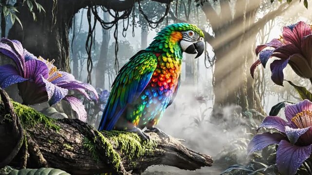 Colorful parrot perched on tree branch in tropical jungle with sunlight rays and mist
