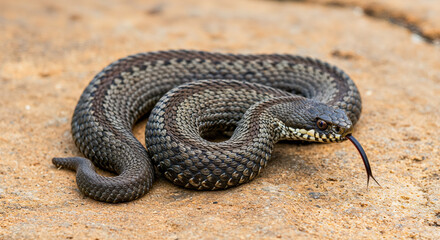 Snake resting on a rocky surface with its tongue flicking in and out during daylight hours