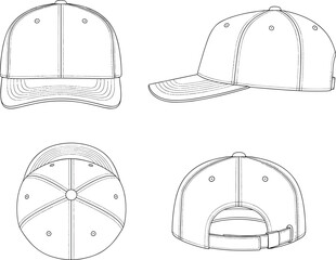 Baseball cap technical drawing, fashion headwear vector, adjustable strap hat, brim detail sketch, apparel design outline, clothing accessory illustration, cap construction view