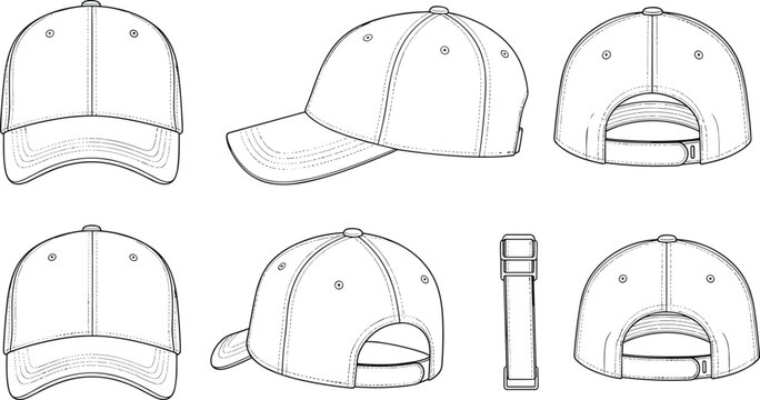 Baseball cap technical drawing, hat vector illustration, headwear design sketch, adjustable strap cap, brim detail view, fashion accessory outline, apparel icon