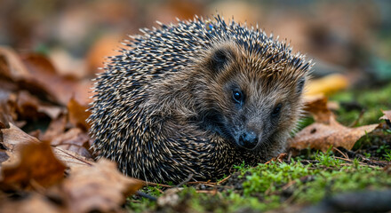 Hedgehog resting among fallen leaves in a natural setting during autumn season