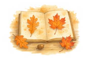 Autumn leaves book open on wooden surface, fall learning concept, botanical watercolor illustration with maple and oak leaves