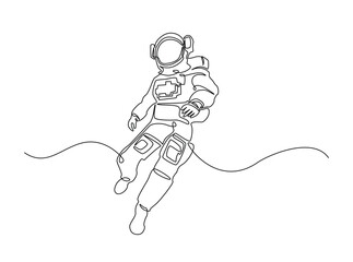 Astronaut single outline draw illustration. Continuous line art drawing of astronaut walking in outspace. Editable stroke.