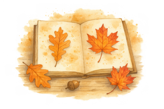 Autumn leaves book open on wooden surface, fall learning concept, botanical watercolor illustration with maple and oak leaves - Powered by Adobe