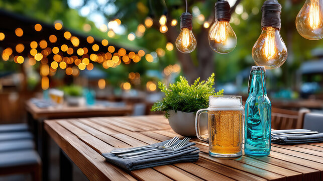 Frosty beer mug with a foamy head sitting on a wooden table, enjoying the evening atmosphere of an outdoor bar patio lit by warm bokeh string lights