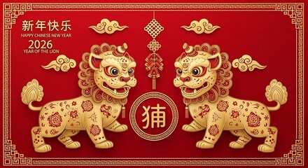 Chinese New Year 2026 Lion Dance Celebration Festive.