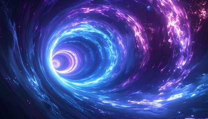 Abstract tunnel of swirling cosmic energy with vibrant purple and blue hues, suggesting infinite exploration