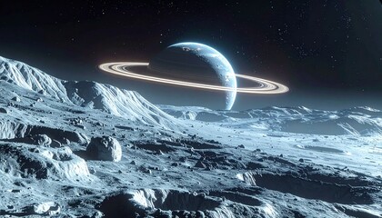 Obraz premium Ringed Alien Planet in a Vast Lunar Landscape Under a Cosmic Sky
